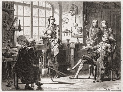 जेम्स वाट (1769 में भाप मशीन के आविष्कारक) ने अपनी ग्लासको दुकान में - "" एल्बम ऑफ साइंस में; प्रसिद्ध वैज्ञानिक; महान खोजें ”” ”1896। द्वारा फ्रेंच स्कूल