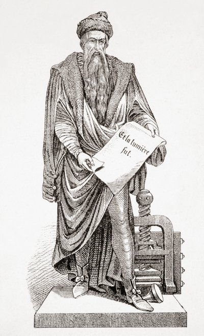 जोहान्स गुटेनबर्ग, प्राचीन और आधुनिक सार्वभौमिक इतिहास से, स्ट्रासबर्ग c.1860 में प्रकाशित (उत्कीर्णन) द्वारा फ्रेंच स्कूल