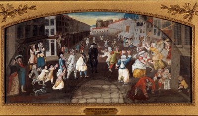 पेरिस की सड़कों से चुटकुले: द रुए सेंट-एंटोनी। - "" Les farces des rues de Paris: la rue du faubourg सेंट एंटोनी ए पेरिस"" राहगीर, वयस्क और बच्चे, मनोरंजक और लड़ाई। पृष्ठभूमि में हम बैस्टिल जेल देखते हैं। पेंटिंग (डी . के लिए) द्वारा फ्रेंच स्कूल