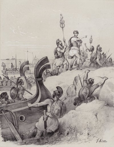 जूलियस सीज़र और रोमन ब्रिटेन के अपने पहले आक्रमण में केंट में उतरे, 55 ईसा पूर्व (लिथो) द्वारा फ्रेंच स्कूल