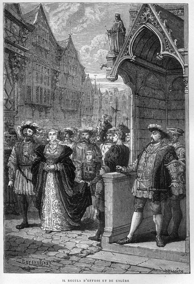 किंग हेनरी VIII (हेनरी) (1491-1547) एनी ऑफ क्लेव्स (1515-1557) को देखता है - फ्रेंकोइस गुइज़ोट 1877 द्वारा "द हिस्ट्री ऑफ इंग्लैंड, फ्रॉम द अर्ली टाइम्स" से उत्कीर्ण। द्वारा फ्रेंच स्कूल