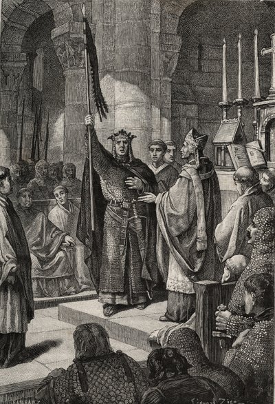 किंग लुई VII (1120-1180) एक्विटाइन की रानी एलियन की उपस्थिति में सेंट डेनिस (सेंट डेनिस) के बेसिलिका में ओरिफ्लेम लेता है और पोप यूजीन III (? -1153) के हाथों से पेलेरिन की भौंरा और पैनेटियर प्राप्त करता है। उनके जाने से पहले द्वारा फ्रेंच स्कूल