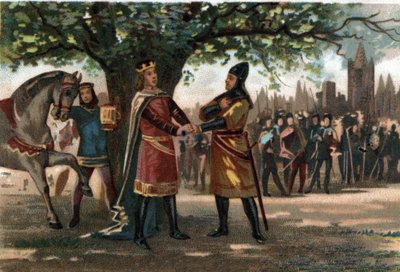 फ्रांस के राजा फिलिप ऑगस्टस (1165-1223) ने ओरिफ्लेम पर कब्जा करने के दौरान सेंट डेनिस में किंग रिचर्ड लायन्स हार्ट से मुलाकात की। 1890 के आसपास क्रोमोलिथोग्राफी। द्वारा फ्रेंच स्कूल