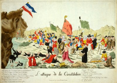 संविधान पर हमला, पब। 1792 (हाथ से रंगी हुई नक्काशी) द्वारा फ्रेंच स्कूल