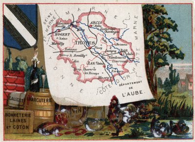 L'Aube (10), शैम्पेन Ardenne (शैम्पेन-Ardenne), फ्रांस। स्थानीय विशेषता: कोल्ड कट्स, केलिको, पेपर, वूल और कॉटन होजरी और ब्रीडिंग। फ्रेंच विभागों पर श्रृंखला। क्रोमोलिथोग्राफी (क्रोमो) "" भौगोलिक धागा "", लगभग 1920। निजी कॉलेज द्वारा फ्रेंच स्कूल