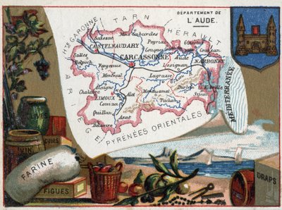 L'Aude (11), Langedoc Roussillon (Languedoc-Roussillon), फ्रांस। स्थानीय विशेषता: शराब, आटा, चमड़ा, अंजीर और चादरें। फ्रेंच विभागों पर श्रृंखला। क्रोमोलिथोग्राफी (क्रोमो) "" भौगोलिक धागा "", लगभग 1920। निजी संग्रह। द्वारा फ्रेंच स्कूल