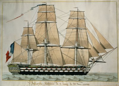 LInflexible Vaisseau de v। रंग डे 90 कैनन (लाइन का 90 गन जहाज) c.1835 (कागज पर कलम और स्याही के साथ wc) द्वारा French School