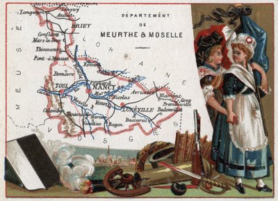La Meurthe et Moselle (Murthe-Et-Moselle, 54), लोरेन, फ्रांस। दो क्रांतिकारी महिलाओं का पोर्ट्रेट। फ्रेंच विभागों पर श्रृंखला। क्रोमोलिथोग्राफी (क्रोमो) "" भौगोलिक धागा"", लगभग 1920। निजी संग्रह। द्वारा फ्रेंच स्कूल