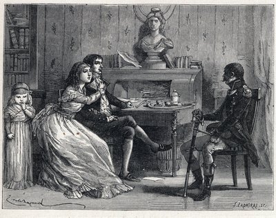 फ्रांसीसी क्रांति के दौरान ला टेरेउर: कैद में कैद केमिली डेसमोलिन्स (1760-1794), ने अपनी पत्नी ल्यूसिल (1770-1794) और मारेचल गिलौम ब्रुने (1763-1815) से मुलाकात की। द्वारा फ्रेंच स्कूल