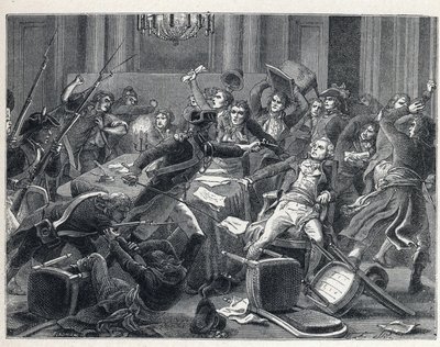 फ्रांसीसी क्रांति के दौरान ला टेरेउर: मैक्सिमिलियन डी रोबेस्पिएरे (1758-1794) और उनके समर्थकों की गिरफ्तारी 9 थर्मिडोर वर्ष II (27 जुलाई 1794) को होटल डी विले डे पेरिस में फिर से हुई। केंद्र में, एक जेंडर ने रोबेस्पिएरे (1758-1794) पर एक पिस्तौल दागी। द्वारा फ्रेंच स्कूल
