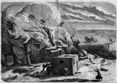 1863 में हनोवर के मैदानी इलाकों में गुब्बारे "" ले गेयंट "" का गिरना: जूल्स और लुई गोडार्ड, फेलिक्स नादर, उनकी पत्नी, फर्नांड मोंटगोल्फियर और थिरियन। एरोनॉट्स टोकरी के नीचे ली गई श्रीमती नादर को बचाने की कोशिश करते हैं। "" ले  द्वारा फ्रेंच स्कूल