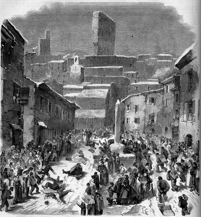 बॉरदॉ, ड्रोम (26), सर्दियों 1860 में बैरियट्स (स्लेजिंग) में स्लाइड। 18 फरवरी 1860 के "" ले मोंडे इलस्ट्र्रे "" n ° 149 में उत्कीर्णन। द्वारा फ्रेंच स्कूल
