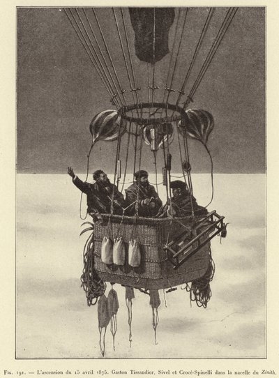 15 अप्रैल, 1875 की चढ़ाई, जेनिथ टोकरी में गैस्टन टिसैंडियर, सिवेल और क्रोस-स्पिनेली (उत्कीर्णन) द्वारा फ्रेंच स्कूल