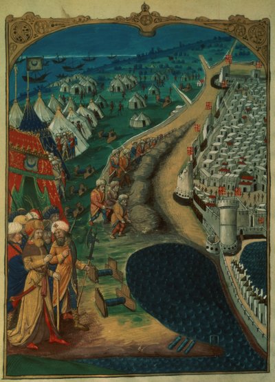 लाट 6067 f.50v मोहम्मद II के मुख्य सलाहकार, संभवतः मेइश पेलोग्लू, तुर्की संचालन का निर्देशन, c.1480, ए हिस्ट्री ऑफ द रोड्स ऑफ रोड्स, गुइल्यूम कोरेसिन, 1483 द्वारा द्वारा फ्रेंच स्कूल