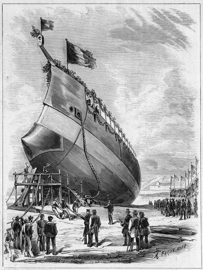 7 मई 1872 को ब्रेस्ट, फिनिस्टर (29) के बंदरगाह में कवच जहाज "" ला गैलिसोनियर "" का प्रक्षेपण। 25 मई 1872 के "" ले मोंडे इलस्ट्रे"" एन °789 में उत्कीर्णन। द्वारा फ्रेंच स्कूल