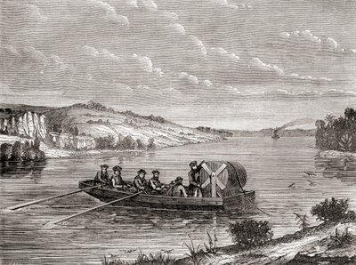 एक अमेरिकी नदी के नीचे एक टेलीग्राफ केबल बिछाना c.1860, Les Merveilles de la Science से प्रकाशित c.1870 (उत्कीर्णन) द्वारा फ्रेंच स्कूल