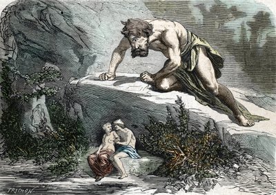 "ले साइक्लोप्स पॉलीफेम सरप्राइज़ गैलेटी एट एसिस" (उत्कीर्णन) 1864 द्वारा फ्रेंच स्कूल