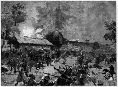 ह्यू में घात, 4-5 जुलाई, 1885: एक टोंकिनी सेना (वियतनाम) द्वारा जनरल डी कौरसी के फ्रांसीसी सैनिकों के खिलाफ हमला। "" ले मोंडे इलस्ट्रे "" में उत्कीर्णन द्वारा फ्रेंच स्कूल