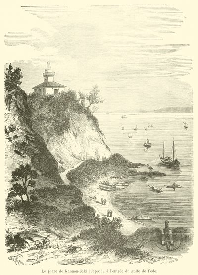 कन्नन-साकी लाइटहाउस (जापान), येदो की खाड़ी के प्रवेश द्वार पर (उत्कीर्णन) द्वारा फ्रेंच स्कूल