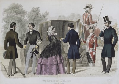 कैब में सवारी करने के लिए छोड़ना, ले जर्नल डेस टेललर्स, 1856 (रंग उत्कीर्णन) से चित्रण द्वारा फ्रेंच स्कूल