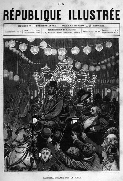 लियोन गैम्बेटा (1838-1882) ने पेरिस में प्लेस डे ला रिपब्लिक पर प्रतिमा का स्वागत किया। एक अखबार। 1880 से "ला रिपब्लिक इलस्ट्री" निजी संग्रह में उत्कीर्णन। द्वारा फ्रेंच स्कूल