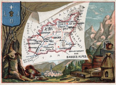 Les Basse Alpes (Basse-Alpes), आज Alpes-de-Haute-Provence (Alpes de Haute-Provence 04), फ्रांस का विभाग। स्थानीय विशेषता: शिकार, मोम, शहद, सूखे मेवे और तेल। फ्रेंच विभागों पर श्रृंखला। क्रोमोलिथोग्राफी (क्रोमो) "" भौगोलिक द्वारा फ्रेंच स्कूल