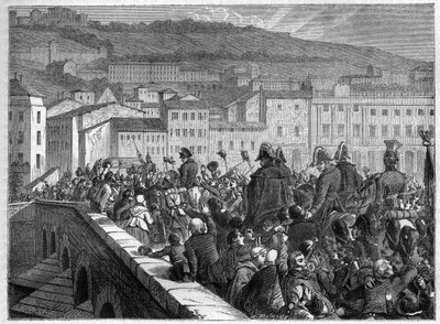 लेस सेंट जर्स: 10 मार्च 1815 को नेपोलियन का ल्योन में विजयी प्रवेश - एडोल्फ थियर्स द्वारा "वाणिज्य दूतावास के इतिहास के बाद साम्राज्य का इतिहास" में - 1879 - निजी संग्रह द्वारा फ्रेंच स्कूल