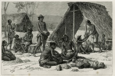 1876-1877 में फ्रांसीसी नौसेना के डॉक्टर डॉ. जूल्स क्रेवॉक्स द्वारा गुआना के आंतरिक भाग में अन्वेषण की यात्रा को चित्रित करने के लिए डी.मेलर्ट द्वारा उकेरी गई मिट्टी के बर्तन बनाने वाले लेस इंडियंस गैलीबिस (या कलिनास), टूर डू मोंडे में प्रकाशित हुए। , दिशा द्वारा फ्रेंच स्कूल