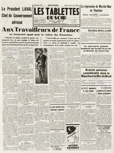 Les Tablets du soir du 24/06/1942 - सरकार के प्रमुख ने फ्रांस के श्रमिकों को संबोधित किया VAUCLUSE में बाजार नोयर के दमन के लिए अपील - चांच और उत्तरी समुद्र में भयानक एरियन गतिविधियां - द्वारा फ्रेंच स्कूल
