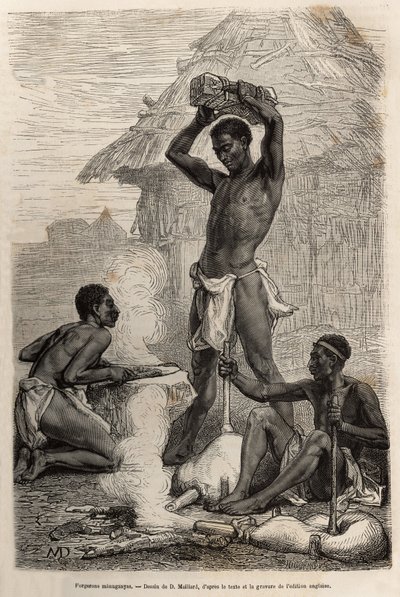 लुआलाबा नदी (वर्तमान कांगो नदी) के किनारे एक गाँव में लेस लोहार मंगन्यास, 1866-1873 में डेविड लिविंगस्टोन की अंतिम डायरी (1813-1873) को चित्रित करते हुए, "" ले टूर में प्रकाशित, डी.मेलार्ड द्वारा एक चित्र के बाद उत्कीर्णन डू मोंडे ”” १८७५, द्वारा द्वारा फ्रेंच स्कूल
