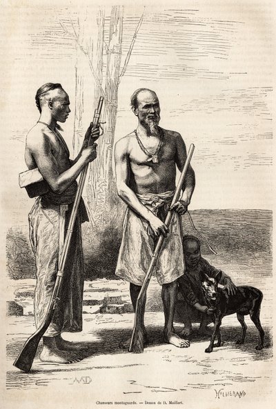 Les chasseurs montagnards de l'île Formoose, 1870-1872 में जे. थॉम्पसन द्वारा चीन की यात्रा का चित्रण करते हुए, डी. माइलर्ड द्वारा एक चित्र के बाद उत्कीर्णन, एडौर्ड द्वारा संपादित "" ले टूर डू मोंडे "" 1875 में प्रकाशित हुआ। चार्टन, द्वारा फ्रेंच स्कूल