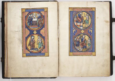 लुईस साल्टर ff.8v-9r, मंदिर में प्रस्तुति, और मसीह के तीन प्रलोभन, c.1225-40 (वेल्लम पर तापमान और सोना) द्वारा फ्रेंच स्कूल