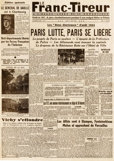 पेरिस की मुक्ति - ले फ़्रैंक तिरूर संख्या 38 डु 21 अगस्त 1944 - पेरिस संघर्ष, पेरिस सी लिबरेरे द्वारा फ्रेंच स्कूल