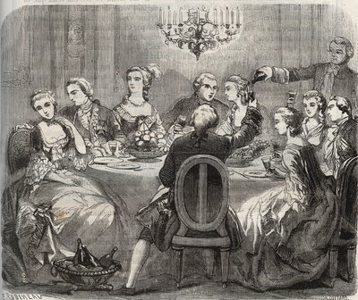 स्वतंत्रता: क्रिश्चियन VII (1749-1808), डेनमार्क और नॉर्वे के राजा, नर्तकी मैरी मेडेलीन गुइमार्ड (1743-1816) द्वारा पैंटिन के अपने घर में आयोजित एक स्वतंत्रता भोज के दौरान। हेनरी डी कॉक (1819-18) द्वारा "हिस्टोइरे डेस कोकस सेलेब्रेस" में 1871 से  द्वारा फ्रेंच स्कूल