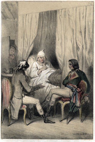 लुई एंटोनी फॉवेलेट डी बौरिएन (1769-1834), फ्रांसीसी राजनयिक और प्रशासक, और जनरल नेपोलियन बोनापार्ट (1769-1821) ने एक बीमार बूढ़े पूंजीपति से इतालवी अभियान के लिए पैसे मांगे। प्लेट "" सीन्स डे ला विए डेस होम्स फेमस """ से ली गई है द्वारा फ्रेंच स्कूल