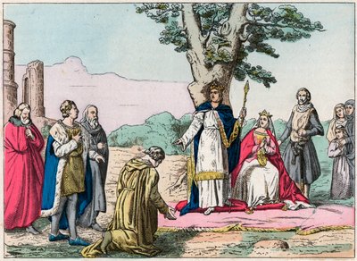 लुई IX, dit "सेंट-लुई" (1214-1270) Bois de Vincennes में अपने सभी विषयों को न्याय प्रदान करता है - सेंट लुइस (1214-1270) न्याय प्रदान करता है - "Nos Gires Nationales" में 19 वीं शताब्दी के अंत का उत्कीर्णन - चित्र और पाठ "" द्वारा फ्रेंच स्कूल