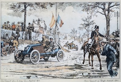 1903 में पेरिस में मैड्रिड की दौड़ में लुई रेनॉल्ट ड्राइविंग, c.1903 द्वारा फ्रेंच स्कूल
