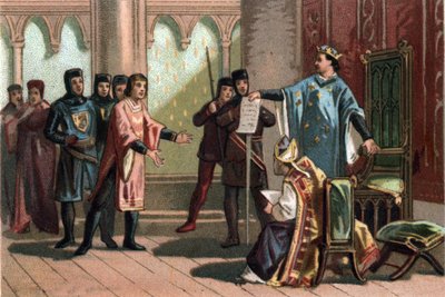 लुई VIII, जिसे "द लायन" (1187 - 1226), कैपेटियन राजवंश के रूप में जाना जाता है, ने इंग्लैंड के राजा हेनरी III के एक दूत को गर्व और उग्र रूप से उत्तर दिया। 1890 के आसपास क्रोमोलिथोग्राफी। द्वारा फ्रेंच स्कूल