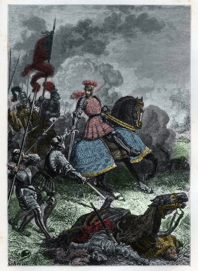 लोम्बार्डी में क्रेमा के पास एग्नाडेल की लड़ाई में लुई XII 14 मई 1509 को वेनिशियन पर राजा द्वारा जीता गया - एग्नाडेलो की लड़ाई - फ्रांस के लुई XII ने वेनेटियन को हराया - "" L'histoire de France racontee mes grandenfants" से उत्कीर्णन - फ द्वारा फ्रेंच स्कूल