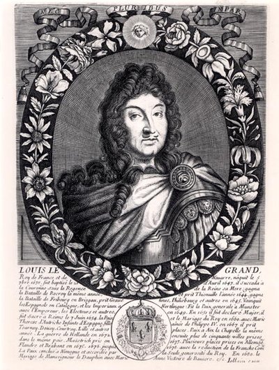 लुई XIV (1638-1715) फ्रांस के राजा, c.1680 (उत्कीर्णन) (b/w फोटो) द्वारा फ्रेंच स्कूल