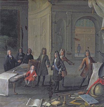 लुई XIV अपने महान पोते, भविष्य के लुई XV, c.1715 के एक पाठ में भाग लेते हैं द्वारा फ्रेंच स्कूल
