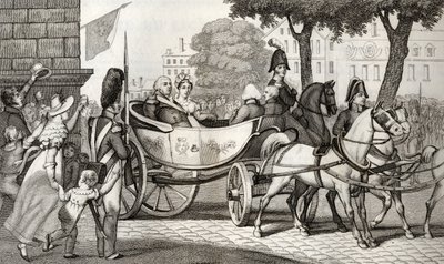 लुइस XVIII (1755-1824) 1814 की बहाली में पेरिस में प्रवेश करता है, जिसे कोल्ट द्वारा &39;हिस्टोइरे डी फ्रांस&39; से प्रकाशित किया गया है, c.1840 प्रकाशित द्वारा फ्रेंच स्कूल