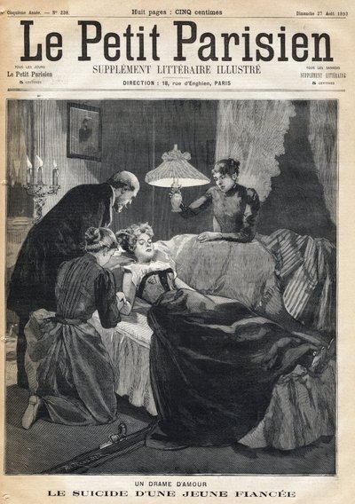 लव ड्रामा: पति की मौत के बाद 17 साल की मंगेतर की खुदकुशी। 27/08/1893 को "ले पेटिट पेरिसियन" समाचार पत्र में से एक (उत्कीर्णन) द्वारा फ्रेंच स्कूल