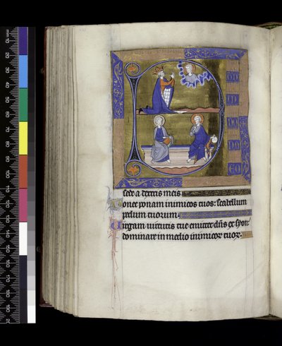 MS 300 f.125v, डेविड ईश्वर से प्रार्थना करता है (ऊपर); गॉड विद ऑर्ब एंड क्राइस्ट विथ बुक ऑन बेंच (नीचे), फ्रांस, पेरिस के इसाबेला के स्तोत्र और घंटे से, c.1265-70 (चर्मपत्र पर कलम और स्याही और स्वभाव) द्वारा फ्रेंच स्कूल