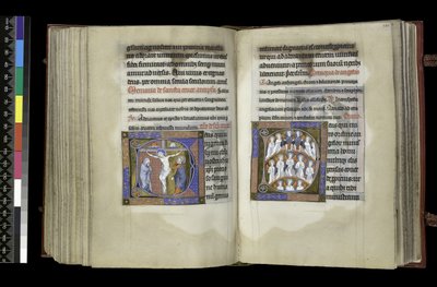 MS 300 f.198v-199r, सफ़रेज टू द क्रॉस एंड सफ़रेज टू एन्जिल्स, द स्तोत्र और इसाबेला ऑफ़ फ़्रांस, पेरिस के घंटे, c.1265-70 (चर्मपत्र पर कलम और स्याही और तापमान) द्वारा फ्रेंच स्कूल