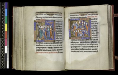 MS 300 f.207v-208r, वर्जिन के लिए मताधिकार और सभी संतों के लिए मताधिकार, फ्रांस, पेरिस के इसाबेला के स्तोत्र और घंटे से, c.1265-70 (चर्मपत्र पर कलम और स्याही और स्वभाव) द्वारा फ्रेंच स्कूल
