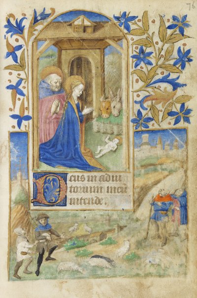 MS 39-1950 f.76r द नेटिविटी, 1464 (चर्मपत्र पर सोने चांदी और रंगीन स्याही) द्वारा फ्रेंच स्कूल