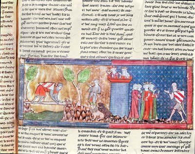 एम। 806 f.166 लैंसलॉट ने रोमन डी लैंसलेट डू लाक, 1344 से एक तेज तलवार से पार की गई नदी को पार करके गाइनवेर् के अपने प्रेम को साबित किया द्वारा फ्रेंच स्कूल