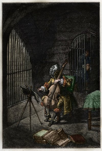 आयरन मास्क में आदमी, जेल में सेलो बजा रहा है - आयरन मास्क में आदमी (1703 में मृत्यु हो गई) उसकी जेल में सेलो बजा रहा है - जूल्स मिशेल द्वारा "" हिस्टोइरे डी फ्रांस "" से उत्कीर्णन - 1876-1877 - द्वारा फ्रेंच स्कूल