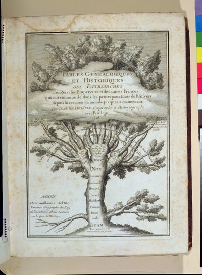 पेरिस, 1718 में प्रकाशित क्लाउड डिलिसल (1644-1720) द्वारा पैट्रिआर्क, किंग्स, और सम्राटों के वंशावली और ऐतिहासिक टेबल्स के लिए मैनकाइंड्स फैमिली ट्री द्वारा फ्रेंच स्कूल